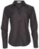 A black long sleeve button-up shirt for women, featuring a collar and a logo on the label.