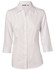 A white women's button-up shirt with 3/4 sleeves, featuring a collar and a logo on the upper section.