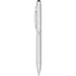 A silver metal stylus pen with a subtle logo, featuring a pointed tip and a rubberised grip.