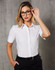 A white women's cotton/poly stretch short-sleeve button-up shirt with a collar, worn by a model.