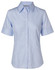 Light blue short-sleeved button-up shirt with a collar, featuring a logo on the chest.