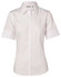 A women's short-sleeve button-up shirt in white, featuring a collar and subtle shaping details. It has a small logo.