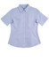 A light blue women's button-up short-sleeve shirt featuring a collar and a logo.