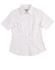 A white women's short-sleeve button-up Oxford shirt. It features a fitted design and includes a logo.
