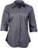 A grey ladies' button-up shirt with a striped pattern and 3/4 sleeves. Features a branded label.