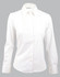 A white long sleeve button-up shirt featuring tuck front detail and a collar, with a branding logo.