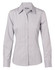 A long-sleeve women's button-up shirt in grey with white ticking stripes and a collared neckline. It features a logo.