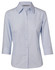 A light blue women's button-up shirt with fine stripes and 3/4 sleeves, featuring a collar and a logo.