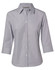 A women's button-up shirt in light grey with fine stripes and 3/4 sleeves. The shirt features a collar and buttons.