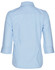 A light blue women's pin stripe button-up shirt with 3/4 sleeves and a back view. It has a collar and features a logo.