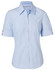 A light blue women's pinstripe short sleeve shirt with a button-up front and a chest pocket.