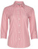 A women's button-up shirt with a red and white stripe pattern and 3/4 sleeves. Features a collar and buttons.