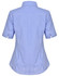 A blue and white gingham check short-sleeved button-up shirt with a fitted silhouette and collar.