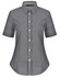 A black and white gingham check short-sleeve button-up shirt with a collar, featuring a logo on the label.
