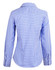 A blue and white check long-sleeve button-up shirt, featuring a fitted design and a collar. It has a logo on the fabric.
