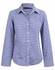 A blue and white two-tone check long-sleeve button-up shirt with a collar and a logo on the label.