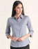 A women’s button-up shirt featuring a two-tone check pattern in navy and white, with 3/4 sleeves and a collar.