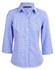 A blue and white check pattern button-up shirt with 3/4 sleeves. The shirt features a collar and a logo.