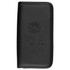A black travel wallet with a textured finish and a logo embossed on the front.