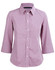A red and white two-tone mini check button-up shirt with 3/4 sleeves and a collar. It features a logo at the neckline.