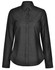 A black pin dot stretch long sleeve shirt with a button-up front and a collar. It features a logo on the label.