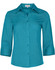 A turquoise women's 3/4 sleeve shirt with a button-up front and a collared neckline, featuring a logo.