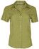 A short-sleeved, collared women's shirt in a light green shade. It features a button-down front and has a logo.