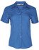 A short-sleeved women's shirt in a blue fabric with a collared design and buttons down the front. Features a logo.