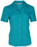 A women's short sleeve shirt in teal, featuring a collared design and buttons down the front. The shirt has a logo on the label.