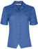 A blue short sleeve overblouse with a collar and a single chest pocket, featuring buttons down the front and a logo.