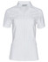 A white short sleeve tunic with a full zip front, featuring a fitted design and a logo.