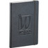 A black carbon fibre journal with a textured finish and an embossed logo on the cover.