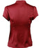 A women's tie neck blouse in a rich maroon colour with short sleeves and a smooth satin finish.