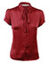 Red satin blouse with short sleeves and a tie neck detail, featuring a button-down front and a logo at the collar.