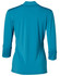 A teal mid sleeve knit top with a relaxed fit and a high neck. Features a logo on the back.