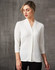 A white mid sleeve knit top with a shawl collar and fitted design, featuring subtle branding.