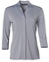 A grey mid sleeve knit top with a V-neck and a branding logo. Suitable for various casual occasions.