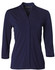 A navy mid sleeve knit top with a collar, featuring a simple design and a logo on the label.