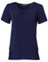 A navy ladies' round neck knit top featuring pleats and short sleeves, with a logo on the neckline.