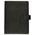 A black journal with a clasp closure, featuring a textured cover and a logo embossed on the front.