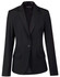 A black wool blend stretch cropped jacket with one button and two front pockets. It features a tailored fit and lapel collar.