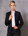 A black ladies' wool blend stretch reverse lapel jacket with a fitted design and a button-up front.