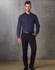 Men's polyviscose stretch pants in black, paired with a button-up shirt, displayed against a textured grey background.