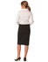 A women's black mid-length lined pencil skirt in wool stretch, worn with a white shirt and black heels.