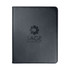 A black imitation leather zip compendium featuring a logo on the front cover.