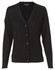 A black women's 100% Merino wool long sleeve cardigan with a v-neck and button closure, featuring a subtle logo.