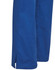 A pair of blue solid colour scrub pants with side slits at the hem, featuring a brand logo.