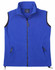 A blue unisex polar fleece vest featuring zippered pockets and a high collar. It has a logo on the chest.