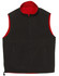 A unisex reversible vest featuring a dark exterior and a contrasting red interior. It includes two zippered pockets and a logo.