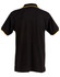 A black polo shirt with a yellow trim on the collar and sleeves, featuring a logo on the front.